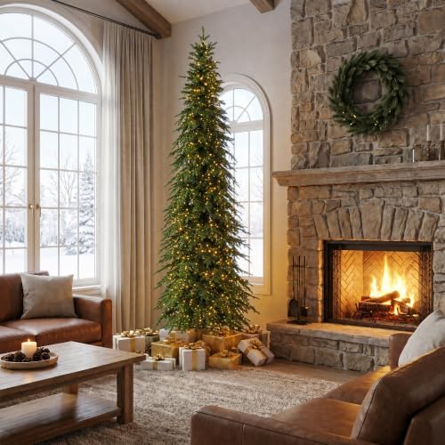 Glitzhome 15ft Prelit Artificial Christmas Tree, Slim Pencil Christmas Tree Chicago Evergreen Spruce with 1,500 Warm White & Multi-Color LED Lights, Hinged Xmas Tree Easy Setup for Holiday Decor