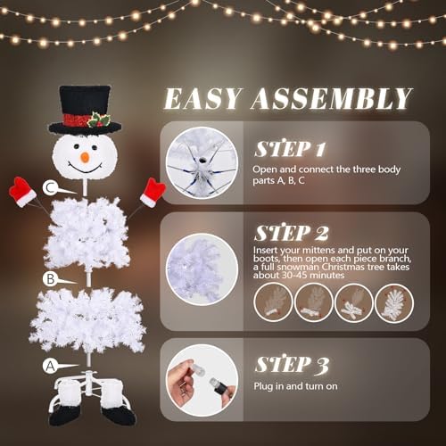VINGLI 4ft Snowman Christmas Tree with 160 LED Lights, 400 Tips Artificial Xmas Tree, 10 Light Modes Changing, Festive Indoor Christmas Decor for Holiday Party and Home Pre-Lit Design