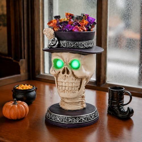 Halloween Skull Candle Holder with Glowing Eyes - Gothic Skeleton Statue