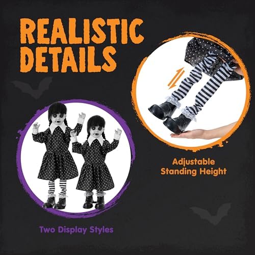 JOYIN Halloween Animatronic School Girl in Black Dress Decoration Outdoor, Sound Activated Spooky Ghost Doll Prop with Glowing LED Eyes, Creepy Sounds, Scary Haunted House Props for Yard Lawn