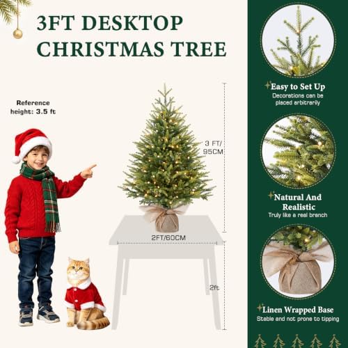 Alupssuc 3ft Prelit Artificial Mini Christmas Tree for Tabletop Desk Decor