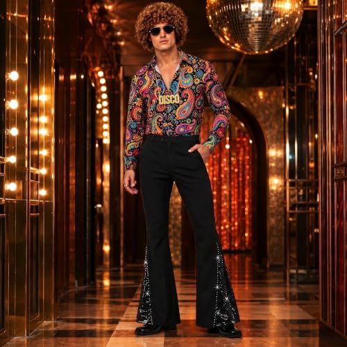 12Pcs 70s Outfits for Men, Disco Costume with Bell Bottom Pants Shirt Set