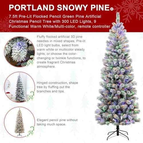 Glitzhome 7.5ft Prelit Christmas Tree, Flocked Artificial Christmas Tree, Pencil Christmas Tree Portland Snowy Pine with 300 Warm White/Multi-Color Lights, 9 Functional, Remote Controller