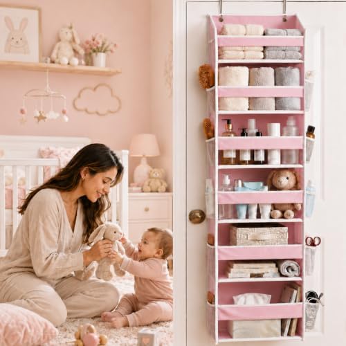 HOMELUX THEORY Over the Door Organizer, 6-Tier, 100D Fabric, Baby Pink 1pc