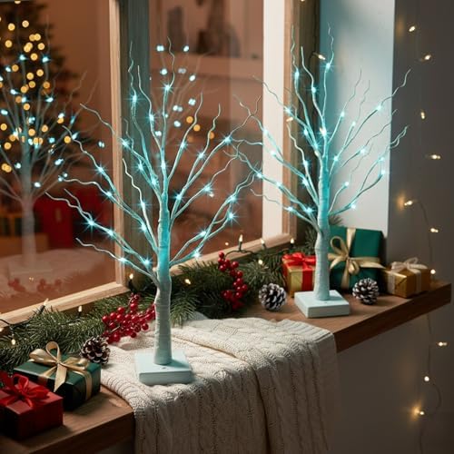 PEIDUO Blue-Green Trees Decor for Home, 2PK Tree Light Battery Powered Timer, Lighted Christmas Decorations Indoor, for Home Bedroom Living Room Fireplace Wedding Party New Year's Day and Christmas