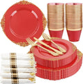 Nervure 175Pcs Red Plastic Plates, Disposable Party Plates for 25 Guests