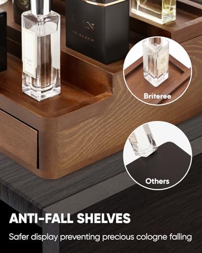 Cologne Organizer for Men, 3 Tier Wooden Cologne Stand with Drawer Storage and Hidden Compartment, Perfume Display Holder for Dresser, Great Gifts for Him Dad Fathers, Brown