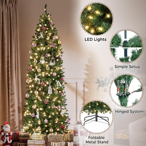 Yaheetech 7.5ft Pre-lit Pencil Artificial Christmas Tree, Green