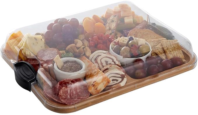 Farberware Bamboo Cutting Board with Clear Locking Lid, 11 x 14 Inch Build-A-Board Charcuterie Board with 6 Compartments for Food Prep, Snack Tray, and Entertaining