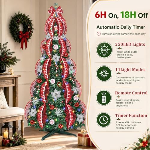 6 Ft Pop up Christmas Tree,Collapsible Christmas Tree with Lights 200 LED Pre-Lit Christmas Trees Plug-in with Remote Timer 8 Lighting Modes for Outdoor Indoor Party Christmas Decor