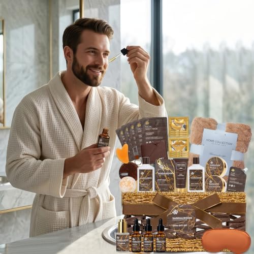 Gifts for Men, 35 Pcs Sandalwood Bath & Body Gifts Basket, Get Well Soon