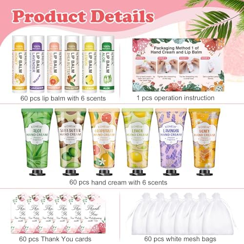 KONEUK 60 Pack Hand Cream Bulk and Lip Balm Bulk Sets, Thank You Gifts