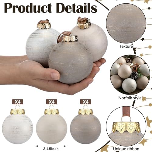 Yunlly 12 Pcs Neutral Christmas Ornament, Ivory Taupe Beige, 3.15''