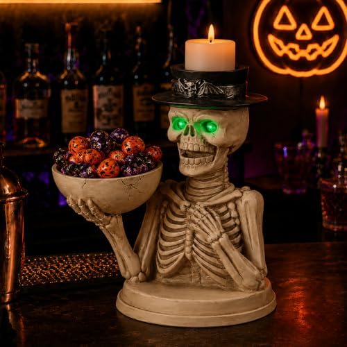 Halloween Skeleton Figurine with LED Glowing Eyes & Candy Bowl