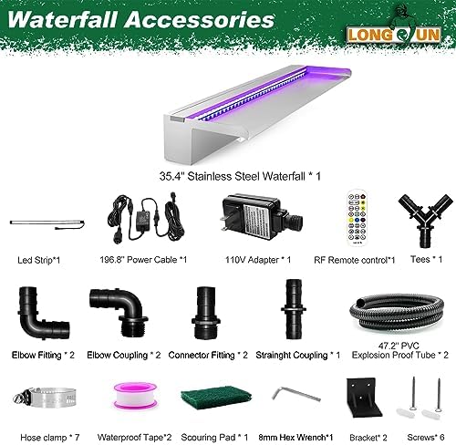 LONGRUN Stainless Steel Waterfall Spillway, APP Control Multi-Color LED Light Outdoor Pool Fountain, Water Spillway Koi Pond Waterfalls Fountains Kit for Garden Patio Swimming Pool Decoration-35.4"