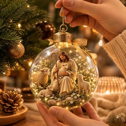 Illuminated Scripture Keepsake Ornament, Lighted Hanging Decoration with Bible Verse, Religious Themed Holiday Ornament, Transparant Ball with 2D Flat Sheet for Christmas Tree Home Display，E