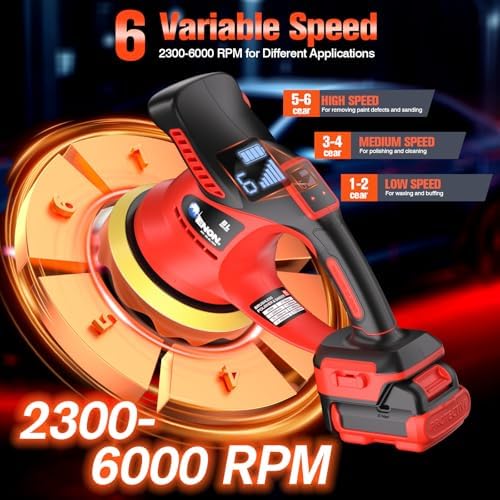 Cordless Car Buffer Polisher Kit（2X 2000mAh 12V Batteries&34 PCS Attachments）- Brushless Dual Action Random Orbital Polishing with 6-Speed 6000RPM for Auto Detailing, Waxing & Paint Correction