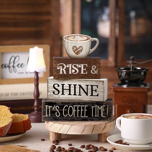 Moucuny 4 Pcs Farmhouse Coffee Bar Sign Decor Wooden It's Coffee Time Sign