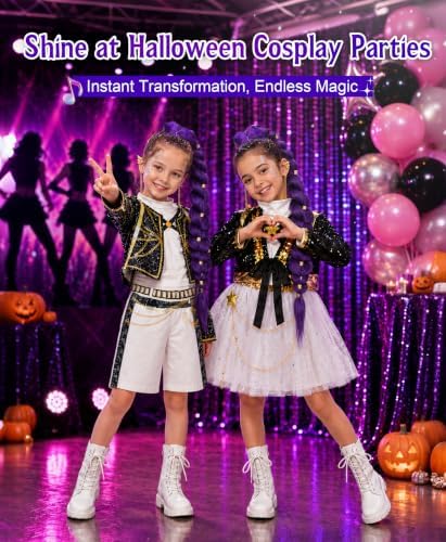 Girls Halloween Costume, Pop Singer Costume, Top Pants with Purple Braid for Cosplay Birthday Party, 4-12 Years