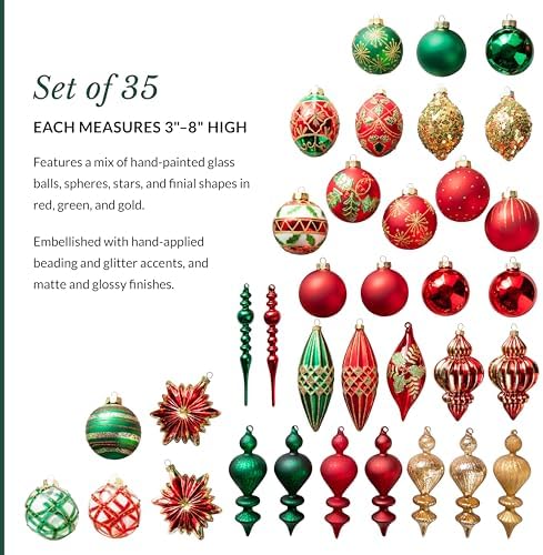 Balsam Hill Christmas Cheer Bauble Set - Old-World Holiday Treasures Vintage Ornaments, 35 Pieces for Tree Decorations