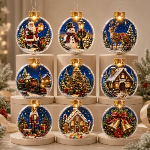 9 Pack Lighted Christmas Ball Ornaments with Flat Acrylic Inserts