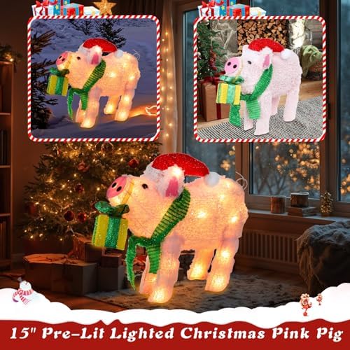 15" Lighted Christmas Pig, 3D Pre‑Lit Indoor Outdoor Decor