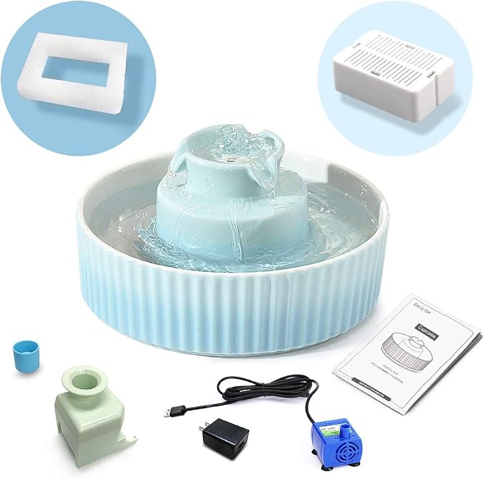 360 Ceramic Pet Fountain, Advanced Porcelain Cat Water Fountain, 70 oz.Drinking Fountains Bowl for Cat and Dogs with Replacement Filters and Foam (Green Blue)