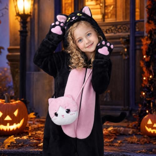 Joycover Halloween Black Cat Costume for Girls, Kids Cat Onesie & Purse Bag