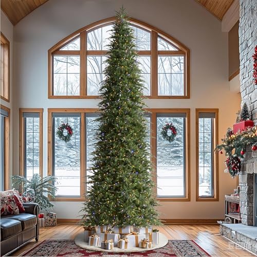 Glitzhome 15ft Prelit Artificial Christmas Tree,Radiant Evergreen Fir with 1500 Warm White/Multi-color LED Lights,9 Function,w/Remote Control,Slim Xmas Tree w/Metal Hinges & Foldable Base,Simple Setup