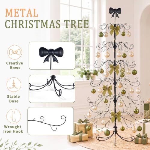 6ft Wrought Iron Christmas Tree, Bow Topper, Ornament Display Stand, Black