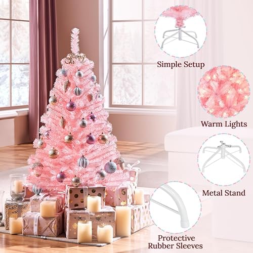 Yaheetech 4ft Pre-lit Artificial Small Christmas Tree with Stand, Pink
