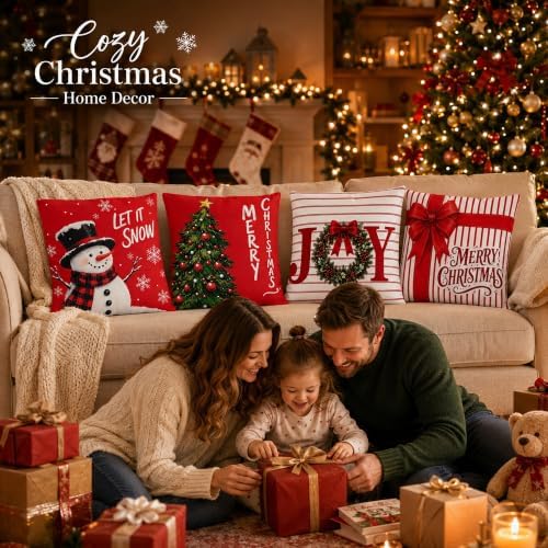 Christmas Decorations - Set of 4 Double-Sided Print Christmas Pillow Covers