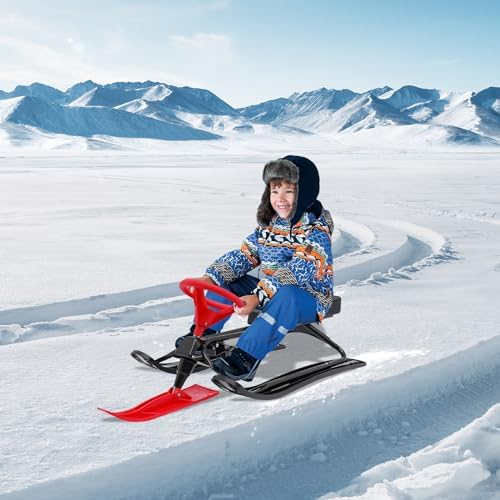 Snow Racer Sled, Children Snow Bike with Flexible Steering Wheel and Anti-Slip Pedal 220 LBS Loading Capacity Steerable Adult Snow Sled for Skiing Ice Skating Sand Skating