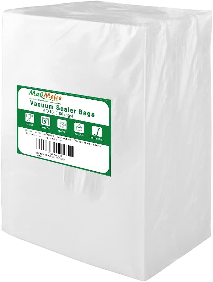 MakMeFre 100 Pint Size 6x10Inch Vacuum Freezer Sealer Bags for Food, BPA Free, Heavy Duty Commercial Grade, Sous Vide Vaccume Safe,Vaccume Seal Pre-Cut Bag