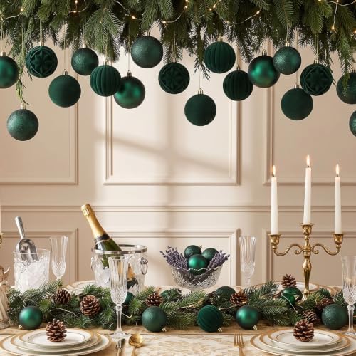 Civaner 52 Pcs Velvet Christmas Ball Ornaments Flocked Christmas Tree Hanging Ornaments 3 Assorted Size Shatterproof Xmas Ball Decorations Set for Xmas Holiday Winter Party Decor(Dark Green)