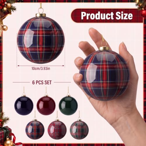 6 Pcs Plaid Christmas Ball Ornaments 4 Inch Green Blue Burgundy Balls