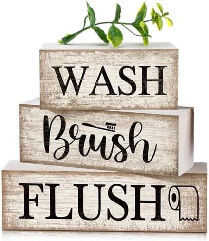 Moucuny 3 Pcs Bathroom Decor Wooden Block Signs Farmhouse Rustic