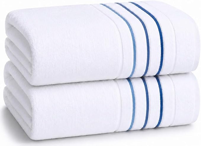 Bath Towels Set for Bathroom – Luxury 6-Piece Cotton Towels, Soft Absorbent & Quick Dry, 600 GSM Bath Towels for Bathroom, Hotel Spa Quality (White/Blue Azure, 2-Bath Towel Set)