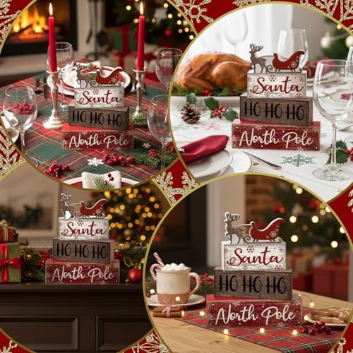Moucuny 4 Pcs Christmas Wooden Block Signs Santa Reindeer Farmhouse Decor