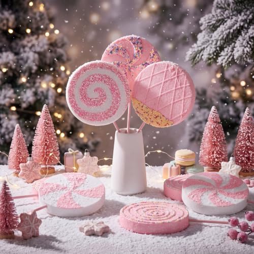 Roowest 16 Pcs 13.78'' Pastel Large Candy Christmas Decorations Giant Lollipop Candy Decoration with Sticks Macaron Peppermint Xmas Decor for Christmas Tree Ornament Holiday Party (Pink,8 Styles)