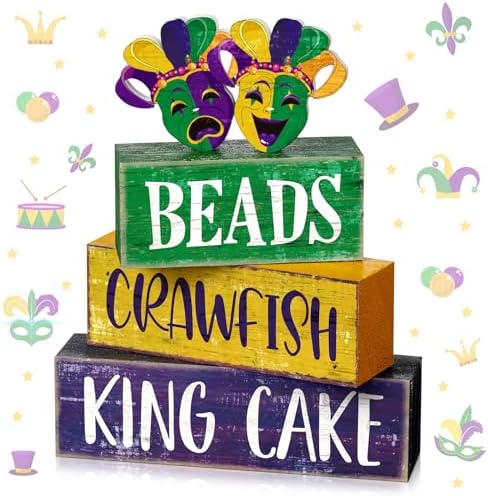 Moucuny 4 Pcs Mardi Gras Wooden Block Signs Farmhouse Table Decoration