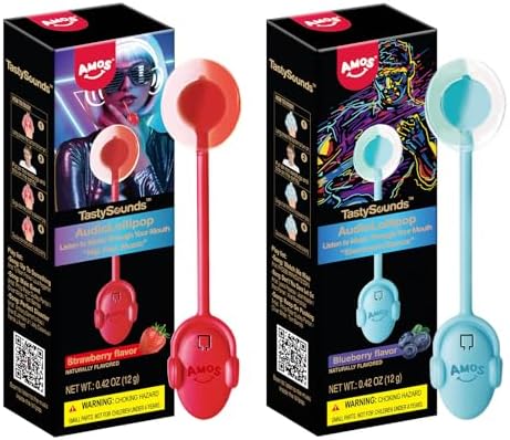 AMOS TastySounds Audio Lollipop 2-Pack Combo - Strawberry & Blueberry Flavors, Bone Conduction Music Candy with Earbud Design