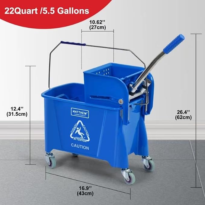 MATTHEW Cleaning Blue 22Quart Compact Mop Bucket INCL.2 Pcs Mop Head with Side Press Wringer On Wheels,Tandem Portable Floor Cleaning Wavebrake,Ideal for Household,Industrial,Restaurant,Janitorial Use