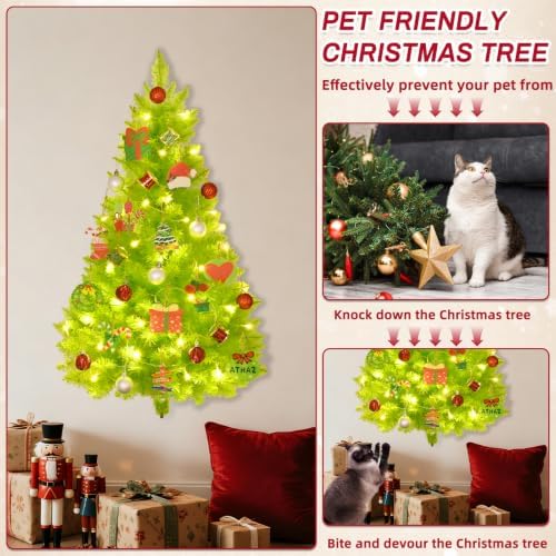 3 FT Wall Christmas Tree, Lime Green Half Christmas Tree Hanging, DIY 1/2 Chrismas Tree for Window with Lights, Ornaments and Hooks, Hainging Xmas Tree for Door, Pet Owners Xmas Decor