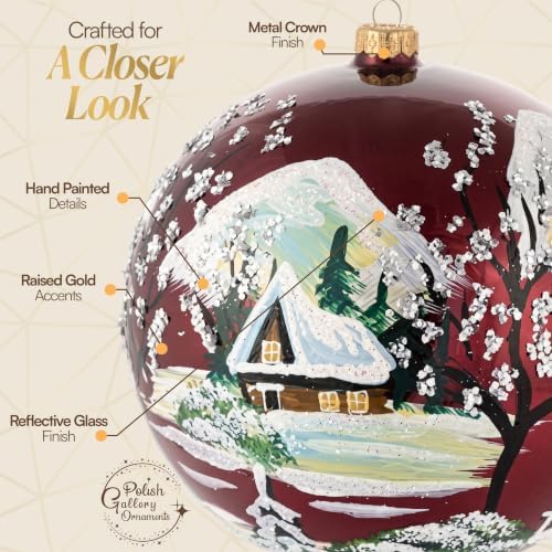Hand Blown Glass Christmas Ornaments Ball, Cottage Burgundy 8 in + Stand