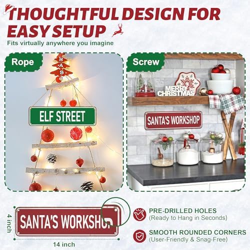 Candy Cane Lane Christmas Decorations 8 Pack, Double-Sided Vintage Street Signs of North Pole/Santa’s Workshop/Gingerbread & More, All-Weather Outdoor Christmas Signs Yard Tree Ornament, 4 x 14 Inch