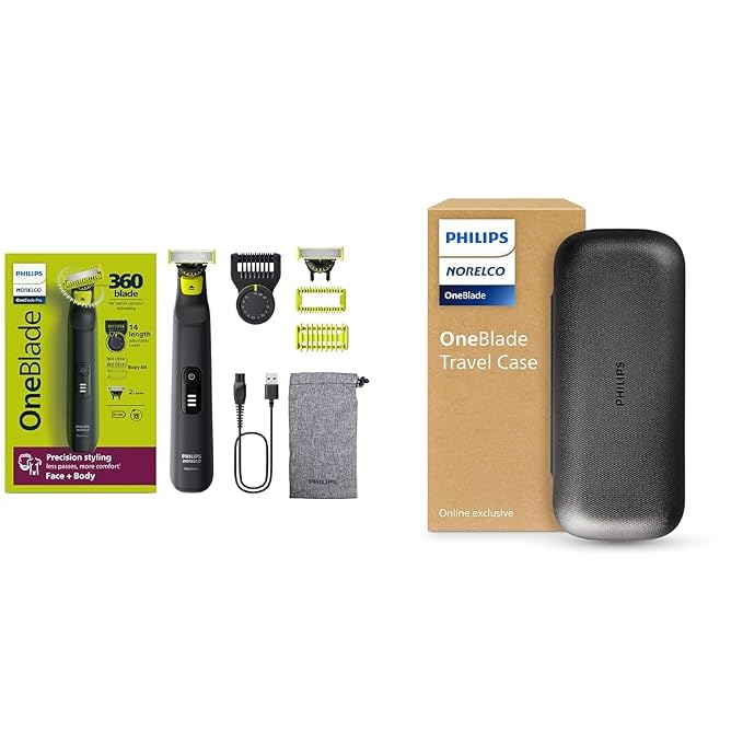 Norelco Philips OneBlade Pro Face+Body Travel Kit Bundle - Philips OneBlade Pro 360 Face+Body Hybrid Electric Trimmer/Shaver, QP6542/70 +Travel Case, QP401/90
