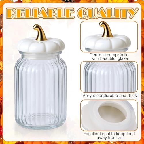 Mimorou 3 Set Pumpkin Glass Jar with Pumpkin Airtight Ceramic Lid 44 oz 33 oz 22oz Fall Clear Candy Jar Food Storage Canister for Thanksgiving Party Tea Cookie Table Decoration (White and Gold,Autumn)