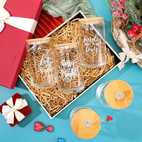 31 Pcs Christmas Glass Cups with Lids Straws 1 Set(30sheet) Gift Paper