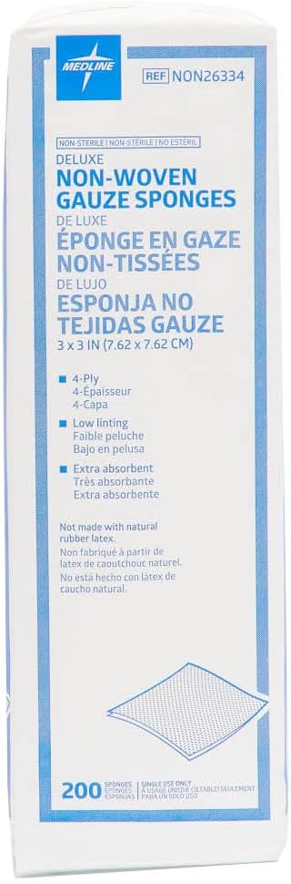 Medline Deluxe Non-Sterile Nonwoven 4-Ply Gauze Sponges, 3" x 3", Ideal for Wound Dressing, Pack of 4000